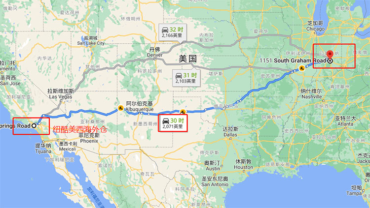 美西到IND9有2071英里，30個(gè)小時(shí)的車程